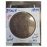 1874 Italy 5 Lire Silver Coin