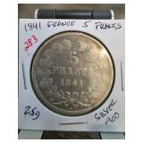 1841 France 5 Francs Silver Coin