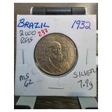 1932 Brazil 2000 Reis Silver Coin MS 62