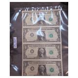 1985 Uncut Sheet of Four $1 Federal Reserve Notes