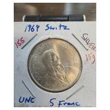1969 Switzerland 5 Franc Silver Coin in UNC Condit