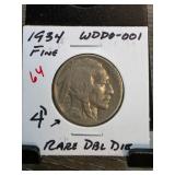 1934 Buffalo Nickel WDDO-001 Rare Doubled Die