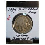 1934-D Buffalo Nickel Mint Error With Rotated Die