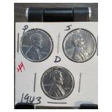 1943 Lincoln Steel Cents Set ï¿½ P, D, S Mint Mark