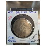 1942 British India One Rupee Silver Coin