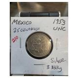 1953 Mexico 25 Centavos Silver Coin in UNC Conditi