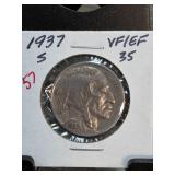 1937-S Buffalo Nickel Graded VF/EF 35
