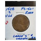 1928-S FS-501 Lincoln Cent, Large ï¿½Sï¿½ Variety