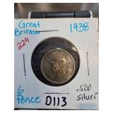 1938 Great Britain Silver Sixpence Coin