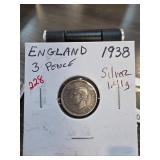 1938 England Silver Threepence Coin