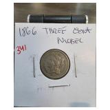 1866 Three-Cent Nickel Coin in Protective Holder