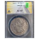 1892 Morgan Silver Dollar Graded AU 50 by ANACS