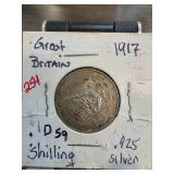 1917 Great Britain 1 Shilling Coin in .925 Silver