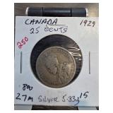 1929 Canada 25 Cents Silver Coin