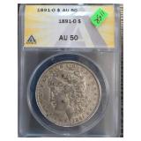 1891-O Morgan Silver Dollar, ANACS AU 50