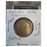 1946 Sweden 1 Krona Silver Coin with Gustav V Port
