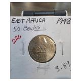 1948 East Africa 50 Cents Coin Featuring King Geor