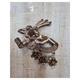 Sterling Silver Floral Brooch with Amber Stones