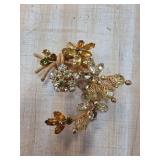 Gold-Tone Floral Brooch with Multicolored Rhinesto