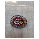 Oval Micro Mosaic Floral Brooch with Gold Tone Fra