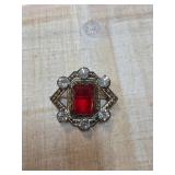 Antique Silver-Tone Brooch with Red Glass Center