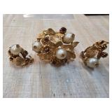 Gold-Tone Brooch and Clip-On Earrings Set with Fau