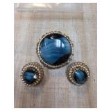 West Germany Blue Agate-Look Pin and Clip Earrings