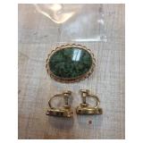 Gold-Tone Brooch and Earrings with Green Stone
