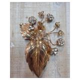 Coro Gold-Tone Leaf Brooch with Rhinestone Flowers