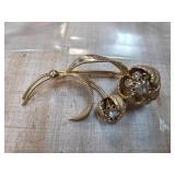 Gold-Tone Floral Brooch with Rhinestone Accents