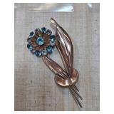 Sterling Silver Floral Pin with Blue Rhinestones