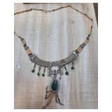 Silver Necklace with Green Stones and Bamboo Accen
