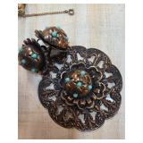 Bronze Filigree Brooch with Turquoise Accents