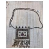 Silver-Tone Pendant Necklace with Red and Green St