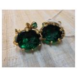 Reverse Cameo Green Glass Earrings With Gold-Tone