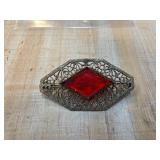 Antique Victorian Silver Filigree Brooch with Red