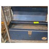 Blue Metal Toolbox with Hinged Lid and Locking Cla