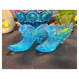 Blue Glass Hobnail Shoe Figurine Set
