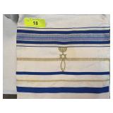 White Fabric Bag with Blue and Gold Accents