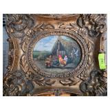 Framed Oval Painting of Farm Scene With Chickens