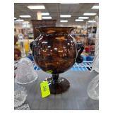 Amber Glass Vase with Dual Handles on Pedestal Bas