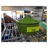 Green Enamel Cast Iron Saucepan with Wooden Handle