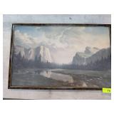 Framed Landscape Print Depicting Mountains and Riv