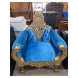 Ornate Gold Armchair with Blue Velvet Upholstery