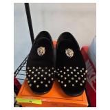 Black Velvet Loafers with Gold Studs, Size 9.5