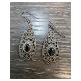 Sterling Silver Filigree Dangle Earrings with Blac
