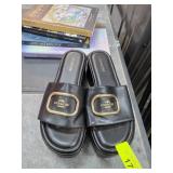 Coach Black Platform Slide Sandals with Gold Accen