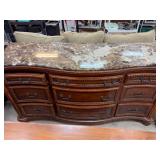 Brown Wood Dresser With Marble Top and Matching Mi