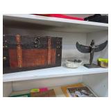 Wooden Chest, Winged Figurine, and Metal Bowls Lot