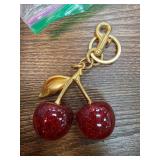 Gold-Toned Keychain with Glittery Red Cherry Charm